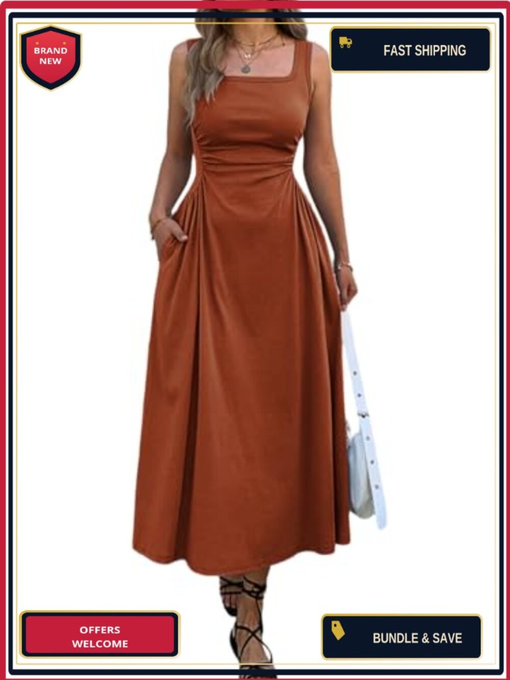 Sleeveless Square Neck Ruched Waist Maxi Dress with Pockets Flowy Casual Summer